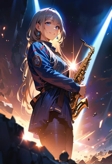 masterpiece, Highest quality, (((Ruined battlefield)))、(((Smile invincibly)))、Raising awareness, Sax Blue, プラチナEarrings, Platinum Necklace, Black combat suit,Carrying a weapon, One Girl, cute, (Dynamic Lighting:1.2), Cinema Lighting, Delicate facial featur...