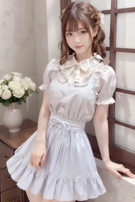 (indoor), (window), (masterpiece), (最high quality), (very detailedな), (best shadow), (photorealistic:1.4), frilled blouse, skirt...