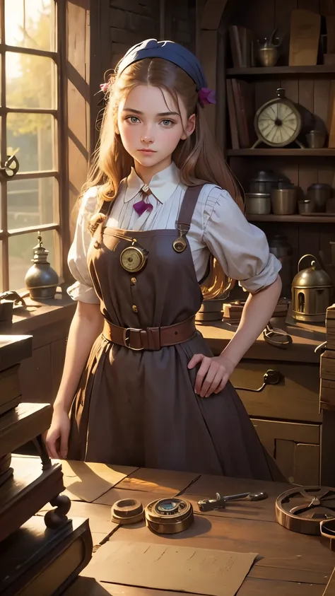 a pretty 19 year old girl and A quaint, magical clockmakers workshop