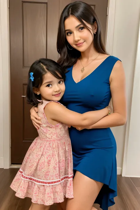 12 years old cute mom with stylish dress and hug the 2 years old cute little baby with boobs full size pic