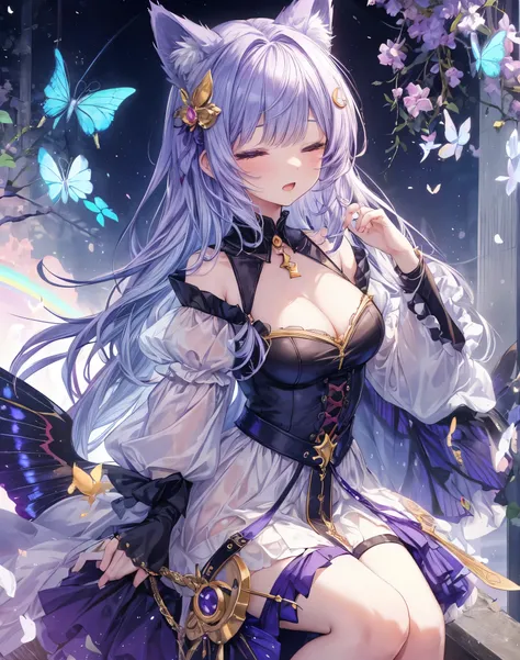 Anime-style of seraphina, the Dream Keeper. Face macro shot. Cat ears. She is a cat girl with neko ears, with ethereal blue hair with golden highlights, reminiscent of twilight. Her eyes are closed. She wears a light, flowing lavender dress with golden sta...