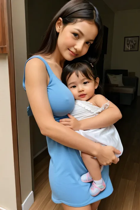 12 years old cute mom with stylish dress and hug the 2 years old cute little baby with boobs full size pic