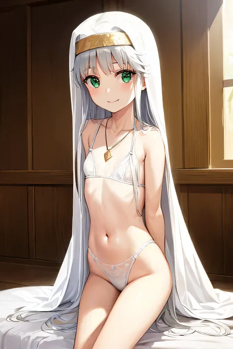 Long silver hair, green eyes, headband, necklace, nun, lingerie, flat chest, beautiful thighs, smile, happy, inside house