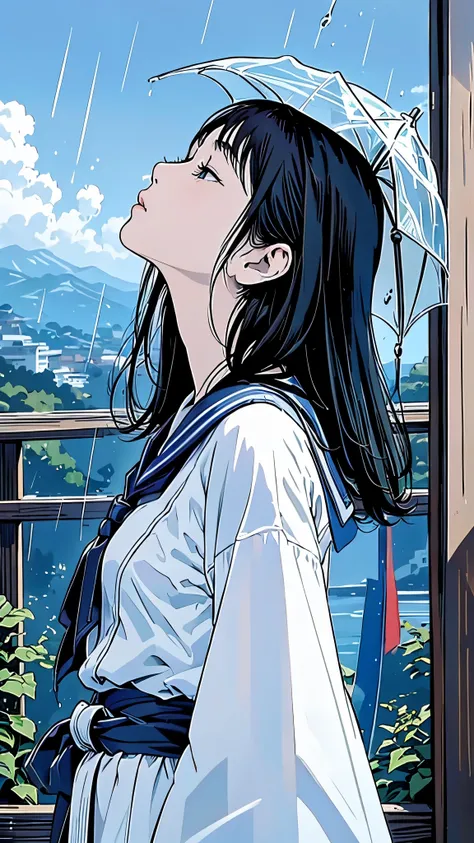 Master Painting、Highest quality、scenery、rain、woman、Very depressive、Black Hair、Looking up at the sky、profile、Upper Body、Sailor suit、Mid-chest、Japanese。