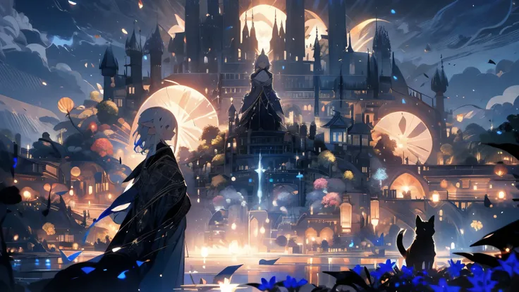 There are many fireworks in the night sky. On the other side of the lake is a castle. In the foreground, an elf is looking up at the fireworks with a black cat. The elf has short-cut white hair.