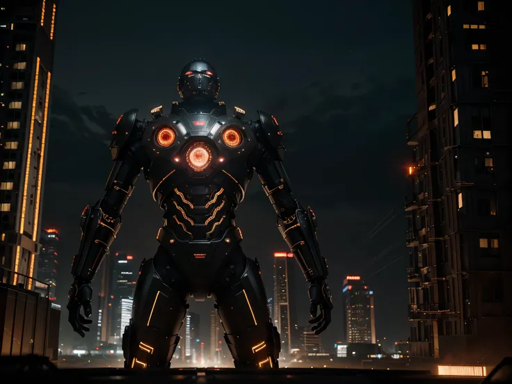 In a dimly lit cityscape, a mechanized giant towers over the urban sprawl, adorned in intricate brass gears and glowing neon accents. This striking image is captured in a hyper-realistic photograph, showcasing the metallic sheen of the robots frame against...