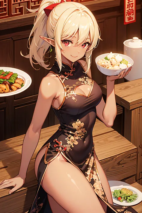 Beautiful images,Detailed Images,Official image,(Chinese restaurant background),One Woman,Blonde,Red Eyes,Ponytail Hair,Model body type,(Dark Skin:1.3),Elf Ears,Large Breasts,(China dress:1.3),Smile small,