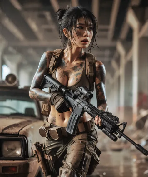 8k,Realistic Photo、Realistic Skin Texture、Superrealism、Japanese women in the U.S. military、Tattoo、Under the old bridge、Waste、Automatic rifle、Heavy equipment、after the rain、Covered in scars、It is dirty、muscle、The background is out of focus、Run while avoidin...