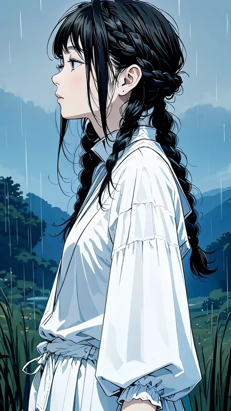 Master Painting、Highest quality、scenery、rain、woman、Very depressive、Black Hair、Braided Hair、Looking up、profile、Upper Body、White jersey、Mid-chest、African。