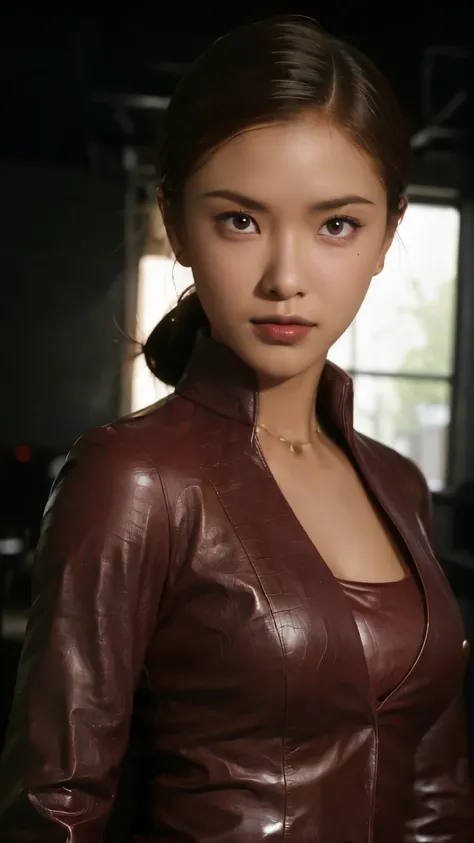 Highest quality, Realistic, Black background, Crystana TX, (Indonesian female supermodels), (Spread your arms:1.0), (Wine Red Leather Jacket) (buttoned up jacket:1.1), Captivating smile, (dark hair), (Updo:1.0), Perfect Eyes, Sharp details, Detailed face, ...