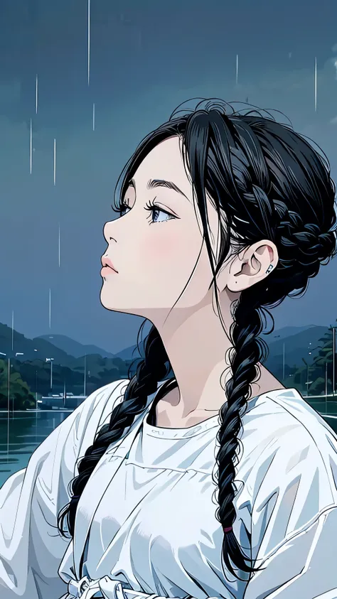 Master Painting、Highest quality、scenery、rain、woman、Very depressive、Black Hair、Braided Hair、Looking up、profile、Upper Body、White jersey、Mid-chest、Indian、Dark Skin。