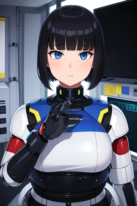 masterpiece, best quality, extremely detailed, Japaese android girl,portrait,Plump,a bit chubby,control panels,android,Droid,Mechanical Hand, Robot arms and legs, Black hair,Blunt bangs,perfect robot girl,long tube,thick cable connected her neck,android,ro...