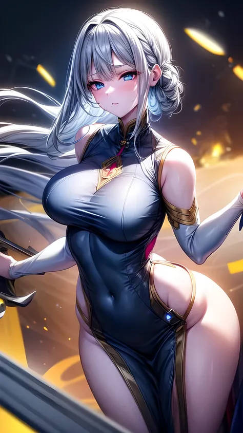 Realistically, high resolution, 1 girl, White hair, Korean, Blue eyes, Transparent cheongsam is flying，Transparent tight-fitting garment，Beads of sweat dripped down the buttocks，Big breasts，Wide hips， Your butt，Visible butt，Visible on the back，Buttocks vis...