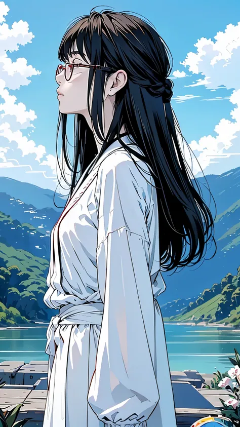 Master Painting、Highest quality、scenery、cumulonimbus、woman、Very depressive、Black Hair、Long Hair、Looking up、Red glasses、profile、Upper Body、White dress、Mid-chest、Japanese。