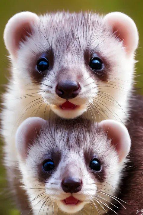 white mother ferret, small black and white spotted baby ferret, cuddling, collar nametag around necks, detailed adorable ferrets...