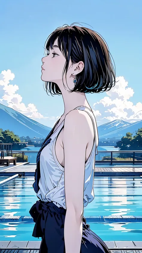 Master Painting、Highest quality、scenery、cumulonimbus、Pool、woman、Very depressive、Black Hair、Bobcut、Looking up at the sky、profile、Upper Body、School Swimsuit、Mid-chest、Japanese。