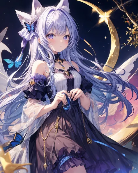 Anime-style of seraphina, the Dream Keeper.  Macro eyes shot. Cat ears. She is a cat girl with neko ears,cute blue butterfly wings, ethereal blue hair with golden highlights, reminiscent of twilight. Her eyes are a deep, intense blue, like the morning sky....