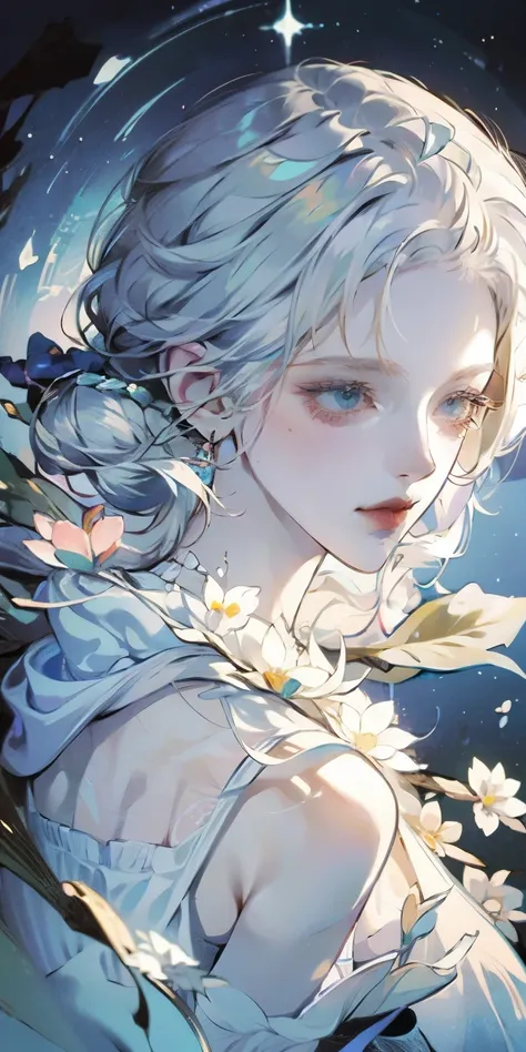 close-up of a white-haired woman wearing a white wreath, beautiful character painting, gu weiss, artwork in the style of gu weis...