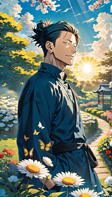 Solo, men,Satoru Gojo from Jujutsu Kaisen, blue school dress,High collar looking at viewer, standing in a beautiful garden, including butterfly, flowers,, defined facial features and his iconic defiant expression. The background features a clear blue sky w...