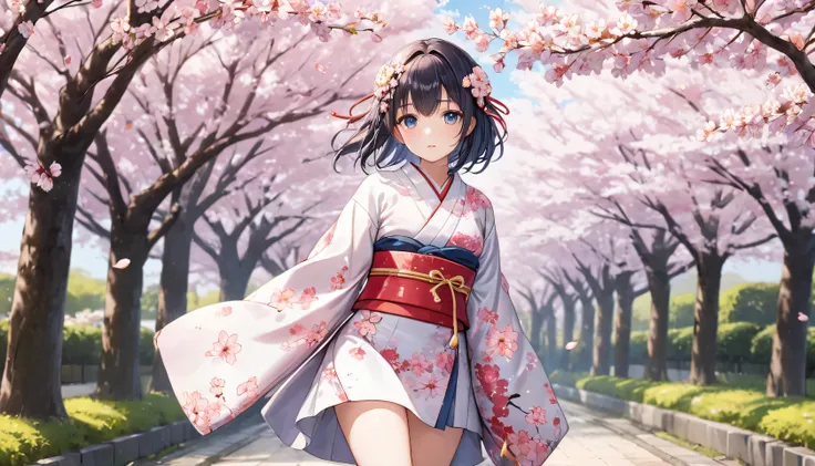 masterpiece,Very detailed,Highest quality,8k,figure,Ultra detailed face,Cute Face,Beautiful Skin ,Shiny Hair,girl,Very detailed-eyes, Cowboy Shot, Cherry Blossom,(Shortcuts、Hime cut)
jyojifuku, Long-sleeved kimono, In the same way, Floral print, hair orna...