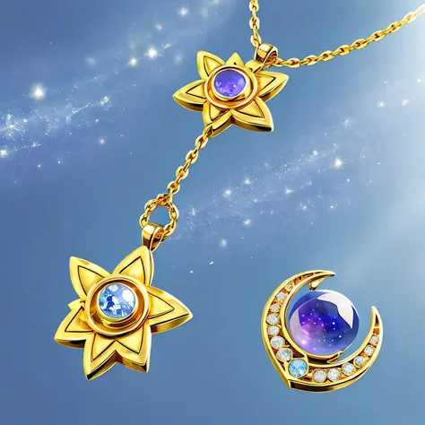 highest quality、ultra-realistic、detailed star and moon necklace、gold、gem