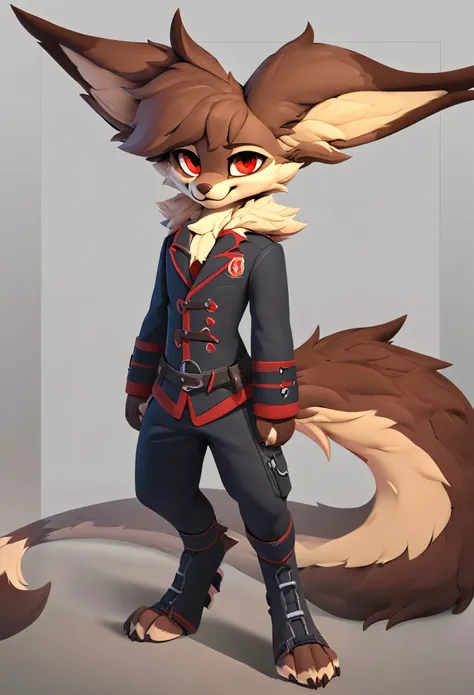 (top quality, best quality, High-quality illustrations, masterpiece) (hobkin, furry, anthro), male, full body concept, huge tail, fluffy fur, red eyes, uniform clothing