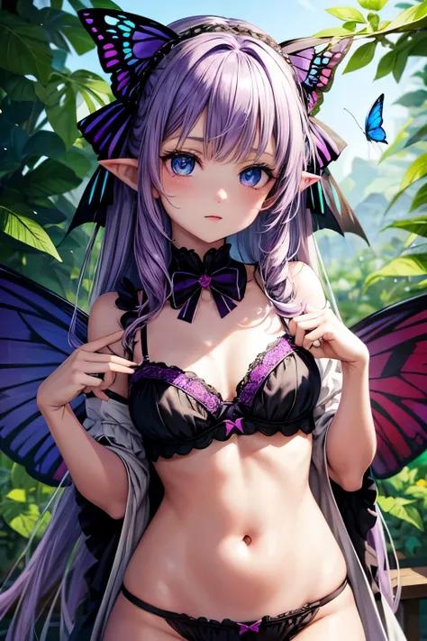 little girl, lolita,Purple hair, pointed ears, blue eyes,  butterfly wings, three point bra