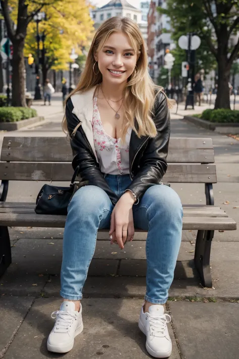 High resolution, 8k wallpaper, Beautiful Caucasian Woman、Full body photo、,Leather jacket sitting on a park bench、shirt、Skinny jeans、sneakers、、Necklace around the neck、 blonde 、ウェーブのかかった髪、ear piercing、smile、Beautiful teeth alignment、