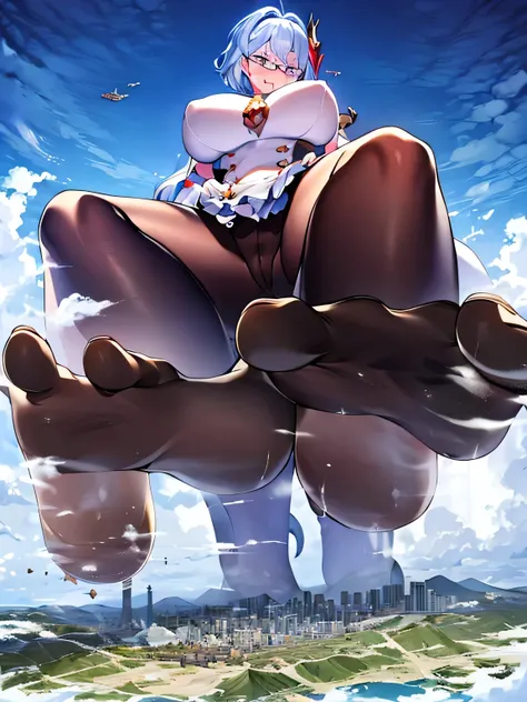 multiple girls, 3girls, standing, giantess art, highly detailed giantess shots, giantess, most detailed, perfect face, Two legs, Five fingers, short hair, A beautiful girl who is bigger than a skyscraper, Wearing rimless glasses, smile, huge breasts, magic...