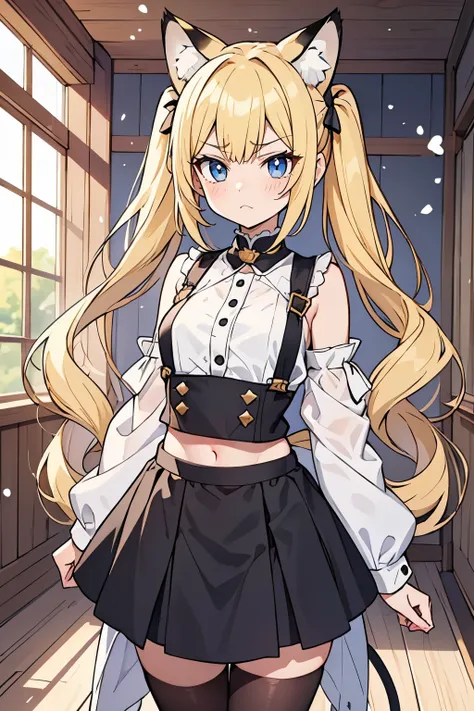 1 girl, female figure, (medium small breasts), (young female body: 1.4), fairy_tail_style, light blue eyes, golden sunny blonde hair, wavy sunny yellow hair, pigtails, hime cut, black snow leopard animal ears, fluffy tail, black animal ears, black and whit...