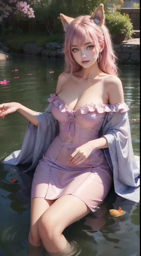 Masterpiece, Best picture quality, Shockingly realistic (Realism 1.4), (((A breathtakingly beautiful girl))), The figure is amazing, A little fatter, Pink Hair, Exquisite facial features, Charming shoulders, Ancient costume long skirt, Vivid Angle, Depict ...