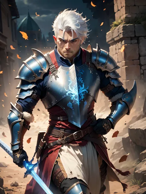 a male ::strong warrior, armor, using a blue magic sword, 4k, perfect quality, detailed blue greatsword, white hair