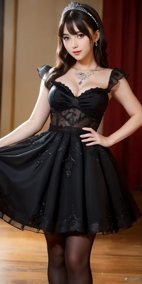 (((masterpiece))), (((Highest quality: 1.4))), ((Super detailed: 1.4)) ,(Genuine:1.4),
Wearing a beautiful black Disney princess dress., A short chiffon skirt with delicate details that flatter your figure., Super realistic sexy pantyhose, Very sexy and se...