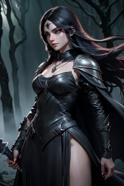 A young woman in a medieval setting, with long straight black hair with small reddish highlights, falling into a fringe over the forehead. Her green eyes are highlighted by dark makeup and mysterious shadows.. She wears black leather armor, adorned with si...