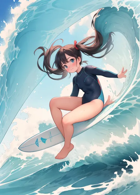 (masterpiece、最高quality、最高quality、Official Art、美しくbeautiful:1.2)、(One girl:1.3)Hatsune Miku、Twin tails,Beautiful breasts, Katsushika Hokusai,(One girl(surfer) surfboardに乗る in wave tunnel:1.3),quality(8k,非常に精細なCGユニットのwallpaper, masterpiece,High resolution,to...