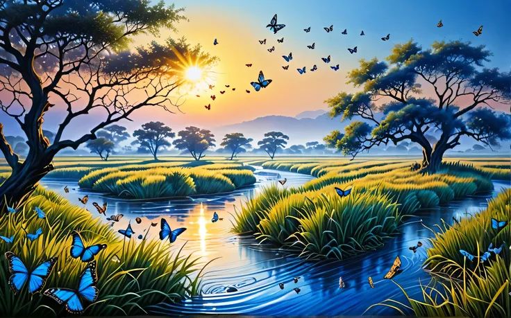 Beautiful hyper-realistic and super detailed masterpiece, which shows a mysterious river, several butterflies flying in blue color, like a tree on the right like the branches over the view, grass field on the left, with the sunset sun, negative human const...