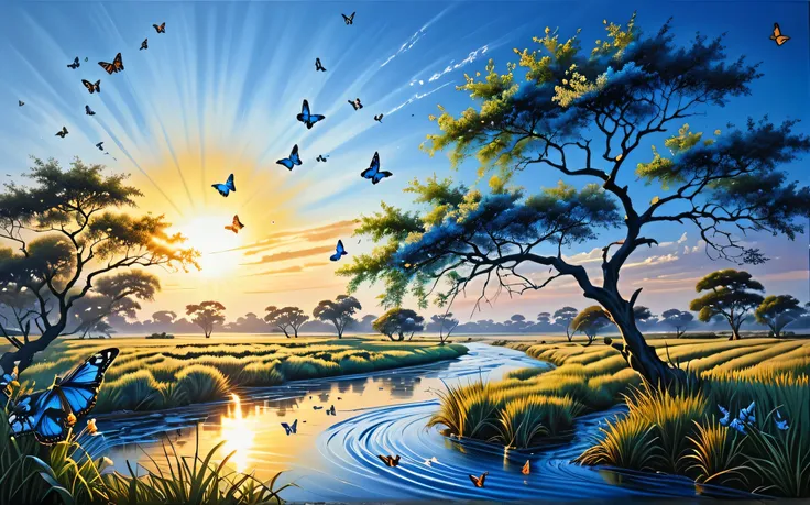Beautiful hyper-realistic and super detailed masterpiece, which shows a mysterious river, several butterflies flying in blue color, like a tree on the right like the branches over the view, grass field on the left, with the sunset sun, negative human const...