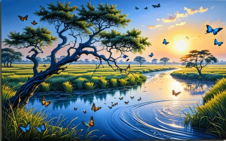 Beautiful hyper-realistic and super detailed masterpiece, which shows a mysterious river, several butterflies flying in blue color, like a tree on the right like the branches over the view, grass field on the left, with the sunset sun, negative human const...