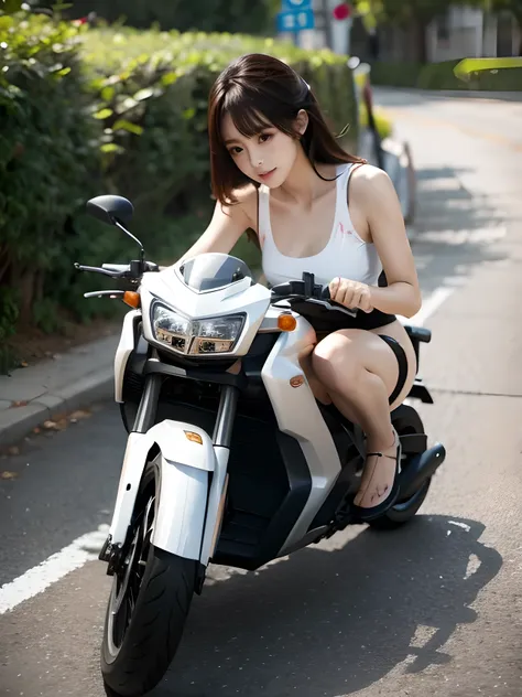 bangs, high resolution, ((pale colour)), a woman in bikini bending down to check her tire on a motorcycle, ground vehicle, motor...