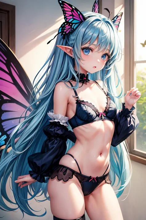 little girl, lolita,Little girl with long blue hair, blue eyes, pointed ears, butterfly wings, Three point bra, briefs