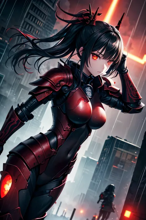 1 japanese girl, War Armor, complex patterns, heavy metal, energy line, Faceless, glowing eyes, elegant, intense, blood red and black, alone, modern, City, street, Dark clouds, thunderstorm, downpour,, dramatic lighting,, (masterpiece:1.2), best quality, H...