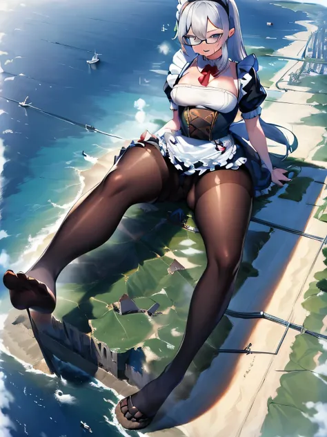 girl bigger than a skyscraper, wearing rimless glasses, smiling, huge breasts, maid, maid outfit, black pantyhose, no shoes, toes visible through pantyhose, steam coming out of soles of feet, seaside metropolis, ocean, destroying city, under heavy attack, ...