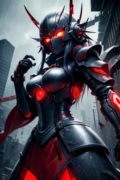 1 japanese girl, War Armor, complex patterns, heavy metal, energy line, Faceless, glowing eyes, elegant, intense, blood red and black, alone, modern, City, street, Dark clouds, thunderstorm, downpour,, dramatic lighting,, (masterpiece:1.2), best quality, H...