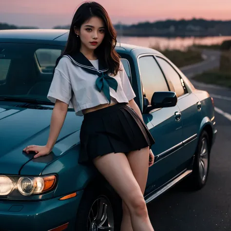 sfw, (closeup from crotch to face) extremelydetailed (schoolgirl lean against the car) spread knees up, perfect face, brilliant(...