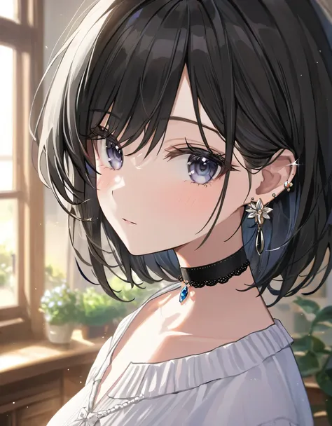 best quality, super_delicate, ultra detailed, beautiful, 8k , 1girl, slender, black hair, earrings, choker, indoor, bright, close up