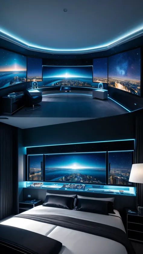 High resolution,Lens reflection, ​masterpiece, best quality, detailed, futuristic bedroom with monitors, not of this world