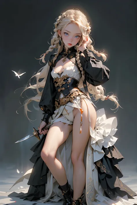 (((masterpiece, of the highest quality, super detailed))), (a female knight of an occult order), (an occult saint), (combat pose), (ready for combat), (resolved expression), (resolute expression), (((holding a sword))), (Edwardian/Victorian era inspired), ...