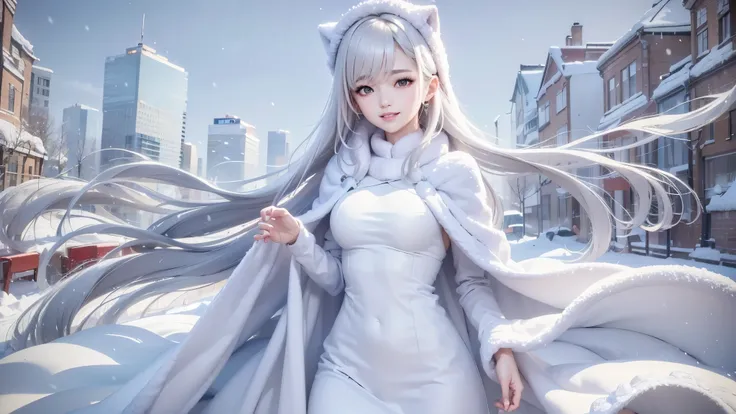 masterpiece、Highest quality、1 girl, winter, white hair, Cute girl, smile, close mouse, medium breasts, white dress, winter clothes, Fur coat、Small waist、Thin legs、outdoors, snow falling