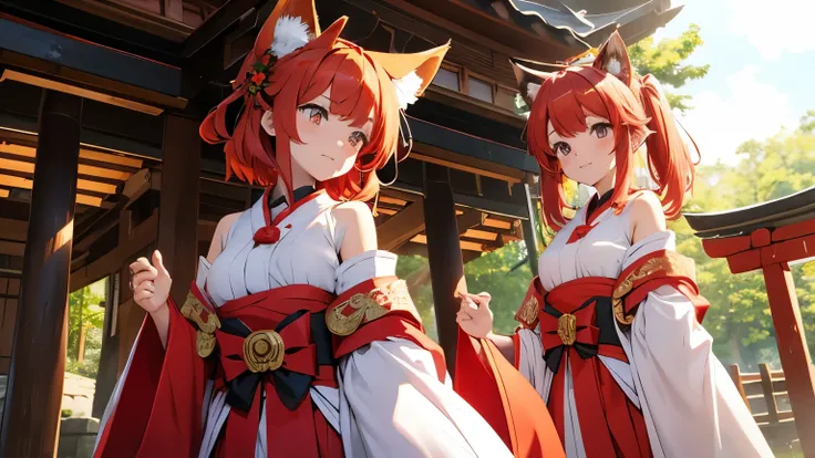 Fox ears　Shrine maiden costume　shrine　Two Girls　Open chest　Short hem　Red hair