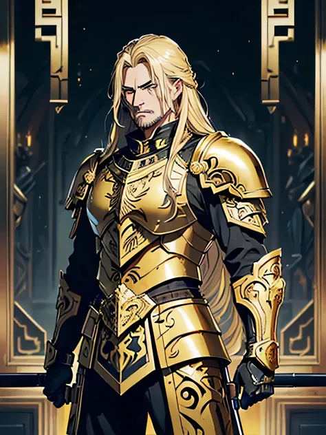 (((Artwork, best quality), 1 men, standing alone, older looking, strong with gold and black armor using war hammer with gold carvings, long blonde hair, Dark yellow eyes